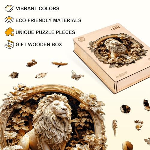 KAAYEE Puzzle de Madera para Adultos, León del Bosque Rompecabezas 11.4x11.4 pulgadas 200 piezas | Puzzle de Madera con Forma Única y Visión 3D Avanzada miniatura 3