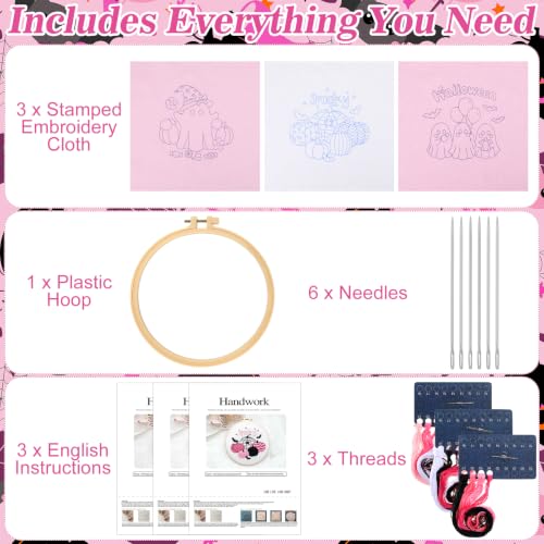 Image of Mindsoft 3 Set Needlepoint Kit for Beginners with Hoop,Pink Halloween | Bamboo Hoop Thread Needles Instructions, Easy Hand Embroidery for Beginners Home Crafts,Pre-stamped Funny Cute Designs