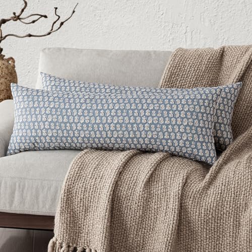 Image of Foindtower Set of 2 Decorative Neutral Body Lumbar Throw Pillow Covers Vintage Accent Farmhouse Cushion Covers Floral Home Decor for Sofa Couch Chair Bedroom Living Room,14x36 Inch,Dusty Blue