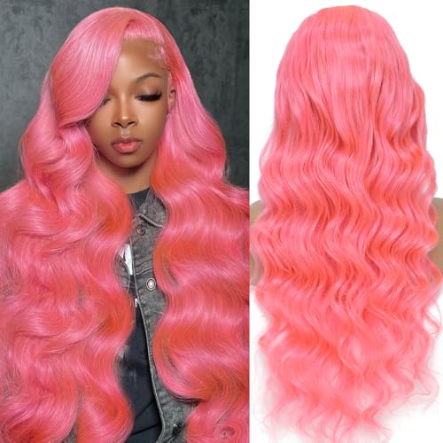 Image of KEGOO 30 Inch Pink Lace Front Wig Human Hair 13x4 Pink Human Hair Wig 200% Density Body Wave HD Lace Front Wigs Human Hair Pre Plucked Lace Frontal Colored Wigs