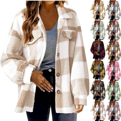 Women's Fuzzy Fleece Plaid Jacket Casual Loose Plus Size Button Down Sherpa Shacket Warm Winter Shearling Coat