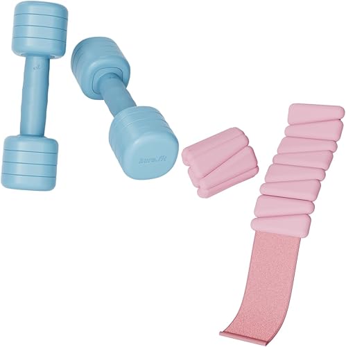 Mancuerna ajustable azul (5 libras) y pesas ajustables rosas para tobillo (1 libra)