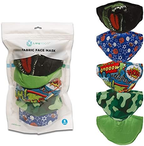 LifeToGo Kids Face Mask - Pack of 5 Breathable, Comfortable, Multicolored Washable Cloth Face Mask - 3-Ply Reusable Non-Surgical Safety Mask. for Youth, Adult Small, or Young Adult Small.