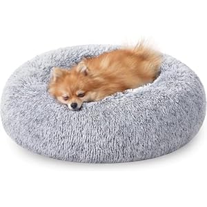 JOLLYVOGUE Calming Dog & Cat Bed for Small Dogs, Anti-Anxiety Donut Cuddler Cozy Soft Round Bed with Anti-Slip Bottom, Fluffy Faux Fur Plush Cushion Beds for Small Medium Dogs (20″)