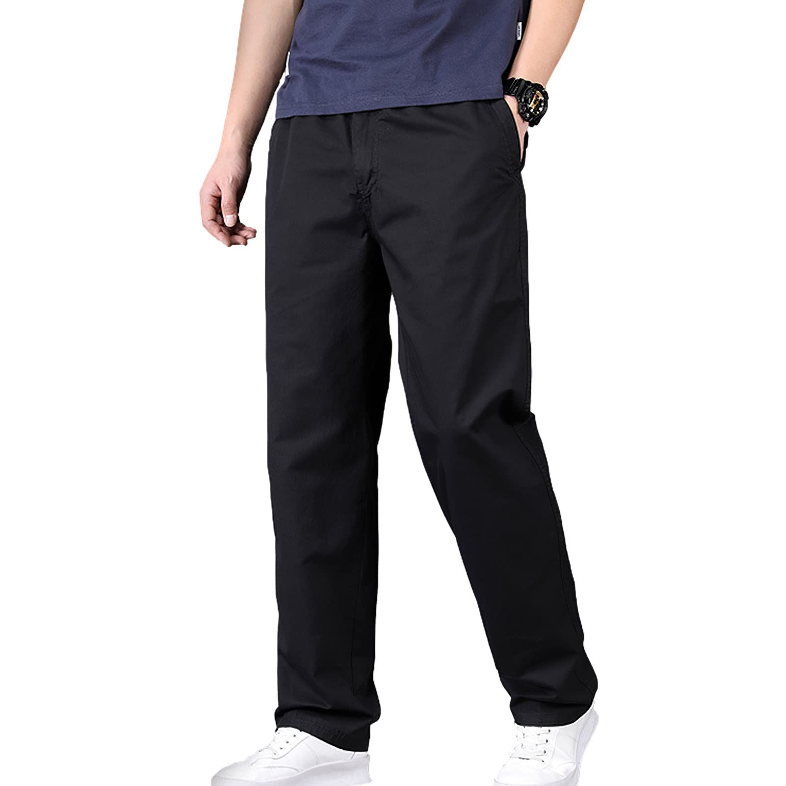 Hombre Cintura Elástica Pantalones Chinos Casual de Pata Ancha Pantalones de Trabajo de Algodón con 4 Bolsillos