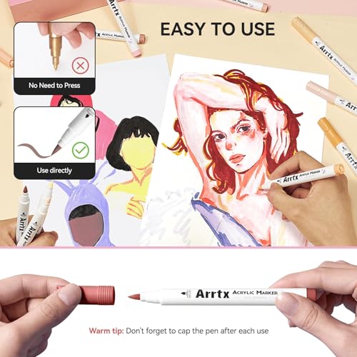 Arrtx 30 Colors Skin Color Acrylic Paint Pens, Skin Tone Paint Markers Paint Pens for Artists Adults Coloring Drawing Brush Tip for Rock Painting, Wood, Canvas, DIY Crafts Making Art Supplies image 11