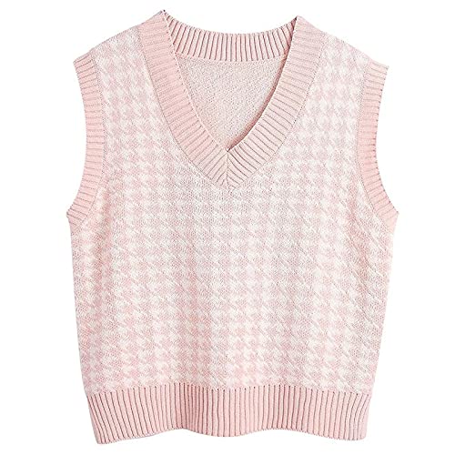 Uodsvp Preppy Clothes For Girls, Women's Sweater Oversized Vest Y2K Argyle Sweater Women Cropped Women's Casual V-Neck Pullover Shirt Collision Color Sleeveless Sweater Vest Check (S, N-Pink) #TOP16