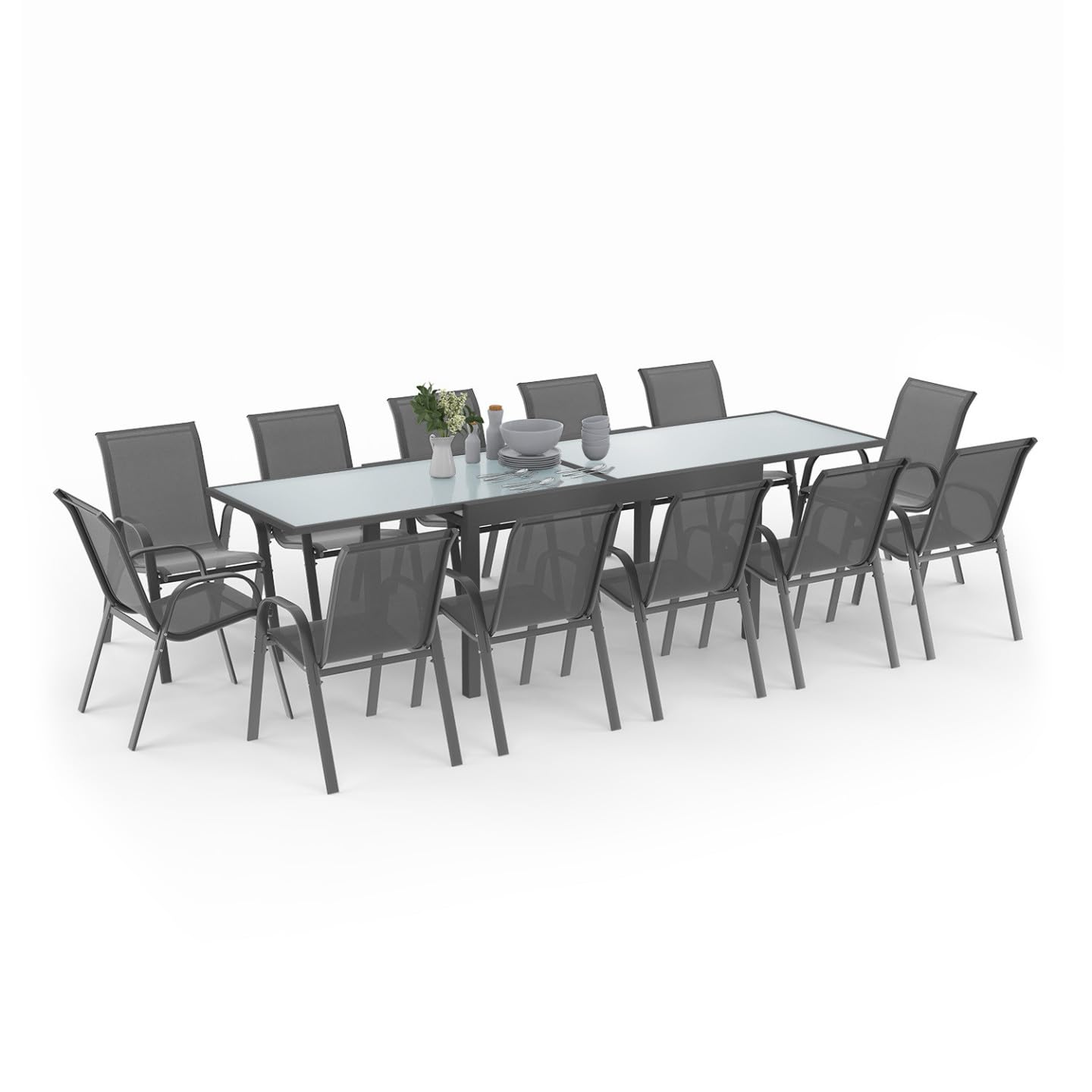 IDMarket - Salon de Jardin Madrid Table Extensible 135-270 CM et 12 chaises empilables Gris Anthracite