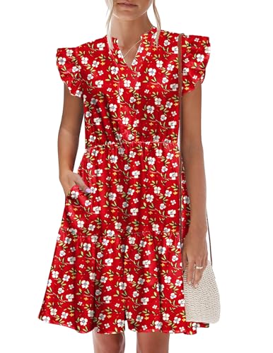 Image of HOTOUCH Women Printed Dress for Summer Short Ruffle Sleeve Dress Tiered Mini Dress with Pockets