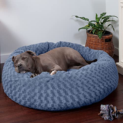 Image of Furhaven 40 inch Round Donut Dog Bed for Large /Medium Dogs, Refillable w / Removable Washable Cover, For Dogs Up to 75 lbs - Curly Faux Fur Donut Bed - Fresh Blueberry, Large