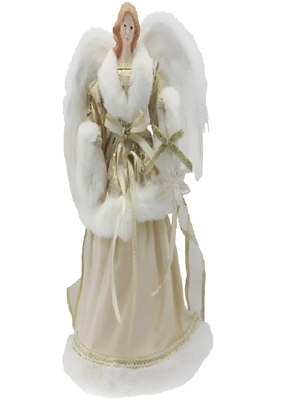 Angelo h 40 Bianco e oro con ali puntale per albero di natale decorazione casa vestito Elegante Pelliccia e Ricami
