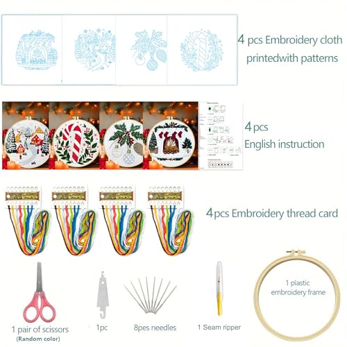 Image of Zhenqing Christmas Embroidery Kit for Beginners - 4 Piece 29x29cm Round Designs with Embroidery Hoop, Threads & Tools (Snowy Cabin, Fireplace, Candy Cane, Holly)(C0066)