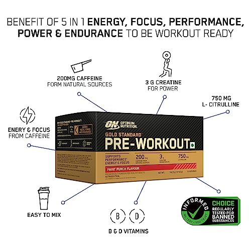 Image of Optimum Nutrition (ON) Micronized Creatine Powder - 250 Gram, Unflavored & ON BCAA, 30 servings (250gm, Fruit Punch) & ON Pre-Workout- 142.5g /15 single serve packs (Fruit Punch Flavor) (Combo)