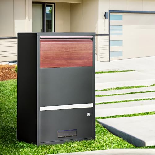 Groverdi Parcel Box Post Letter Box Package Mailbox Security Lock Storage Black with Wood Grain