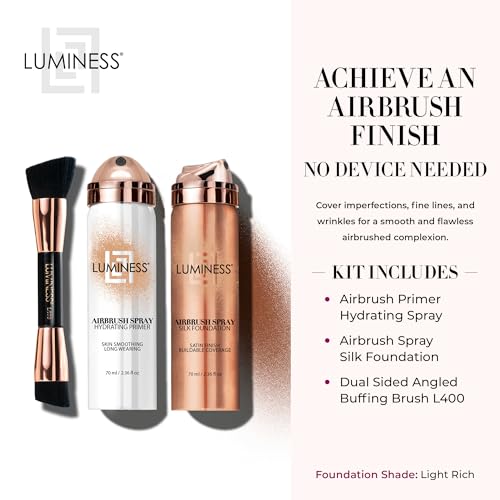 LUMINESS Airbrush Spray Silk Foundation Starter Kit - Light Rich - Foundation, Primer & Dual-Sided Angled Buffing Brush - Medium, Buildable Coverage, Anti-Aging Formula Hydrates & Moisturizes - Thumbnail 2