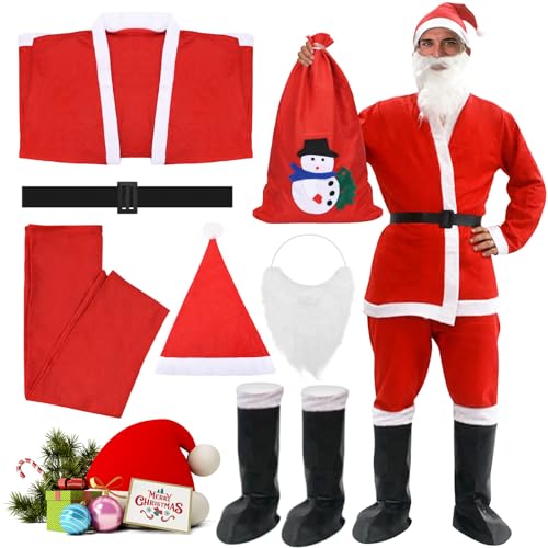 WUSUPU 7 Piezas Disfraz de Papá Noel para Hombres,Disfraz Papa Noel Adulto,Hombre con pantalón,barba,gorro y cinturón,color rojo,de Santa Claus de Cosplay para Adultos