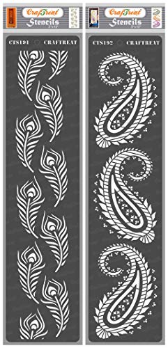 CrafTreat Indian Border Stencils for Painting on Wood, Canvas, Paper, Fabric, Floor, Wall and Tile - Peacock Feather Border and Paisley Border - 2 Pcs - 3x12 Inches Each - Reusable DIY Craft Stencils