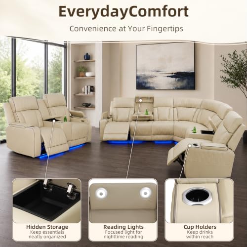 Image of Power Reclining Sectional Sofa, L-Shaped Faux Leather Recliner Couch with LED Lights, Reading Lights, Wireless Charging, Cup Holders, Storage Console & USB-C Ports, Comfortable Home Theater Seating