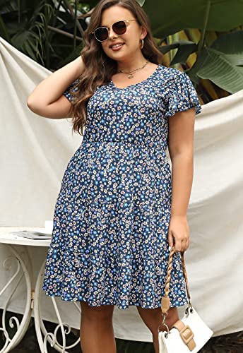 Image of Celkuser Womens Plus Size Summer Casual Midi Dress Short Ruffle Sleeve Tiered Empire Waist T-Shirt Dress with Pockets
