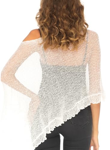 Image of SHU-SHI Women's Sheer Knit Poncho Shrug Lightweight Asymmetrical Ruffle Wrap Dressy Summer Shawl Cover Up Top