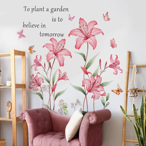 Vinilo Decorativo Flor Lily Grande Rosa con Mariposa miniatura 2
