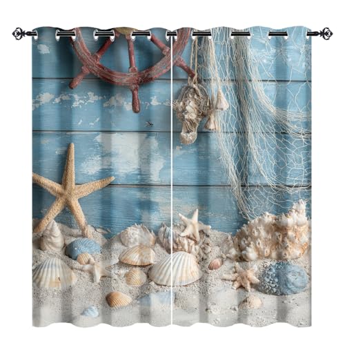 XSUPFLYM Rustic Realistic Ocean Shell Window Blackout Curtains Beautiful Abstract Beach Fishing Net Sea Life Wooden Board Rudder Thermal Curtains Suitable for Bedroom 2 Panels.Each 21" W x 45" L
