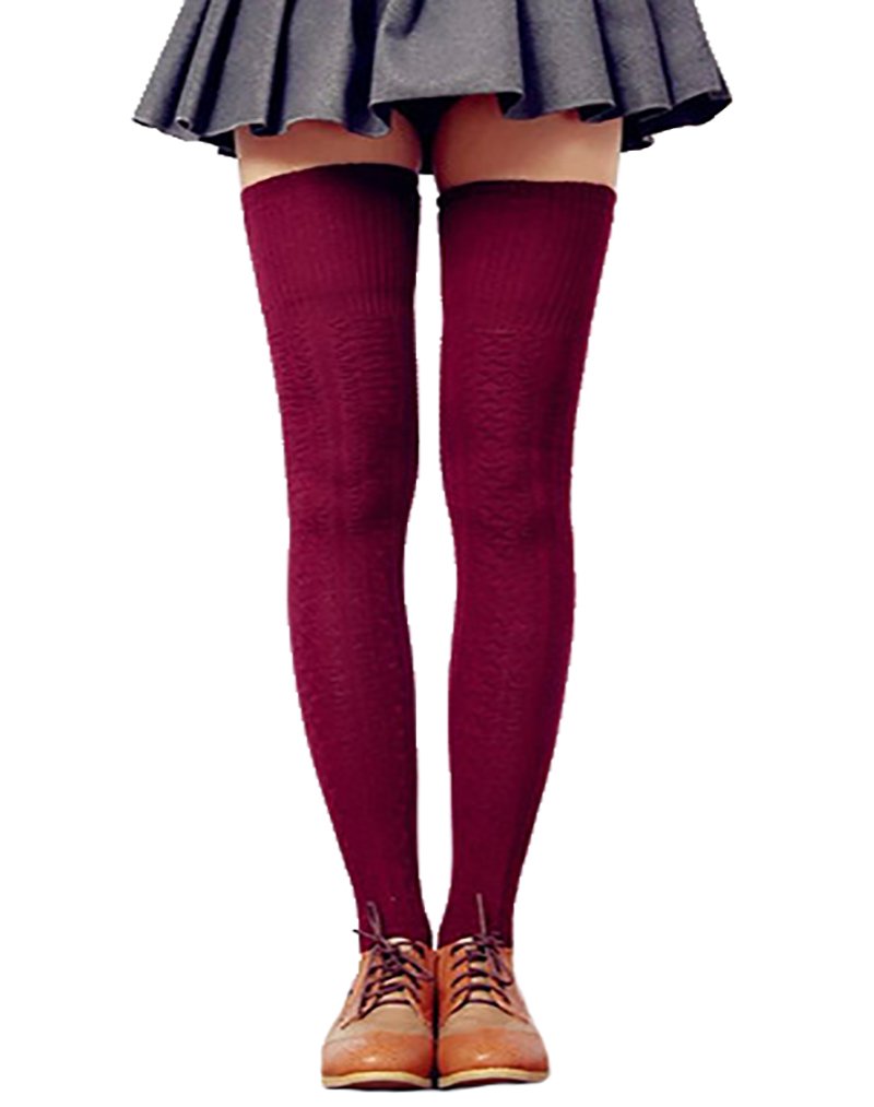 Lsharon Women's Wine Over The Knee Thigh High Stockings Soft Knit Crochet Sock Leggings, M