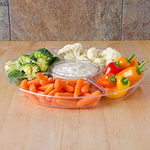 Pack of 3 - Hard Plastic Compartment Trays/Reusable Serving Platters for Parties/Compartment Appetizer Platter - 5 Sections - Clear - 12" (30cm)