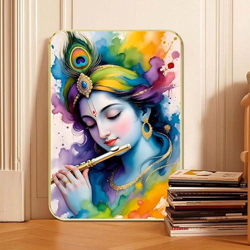 Image of SAF Lord Krishna Flute Wall Art | Vibrant Color Splash Krishna Painting with Peacock Feather | Spiritual MDF Wall Decor for Living Room, Bedroom, Temple & Gift Purpose (18 x 24 Inch) ETNF01-1026