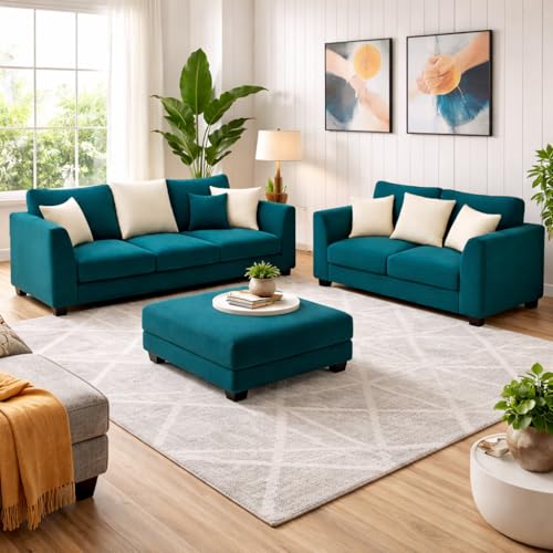 Image of SOCOZI Trevano 3+2 Seater Fabric Sofa Set with Ottoman | Soft Velvet Suede Upholstery | Modern Living Room Furniture (Greenish Teal-Aqua Blue)