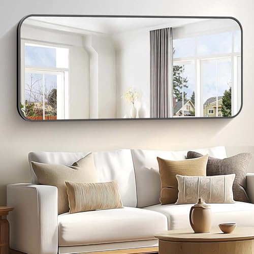 Image of Bathroom Mirror, 60 x 30 inch Black Rectangle Wall Mirror, Metal Frame Rounded Corner Vanity Mirror, Large Wall Mounted Mirrors for Over Sink Bedroom Living Room Horizontal Or Vertical Mounting