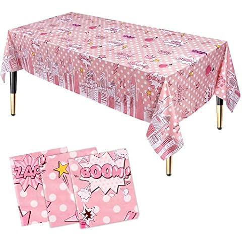 HHLCWA 3 Pack Pink Superhero Girl Tablecloths, Pink Comic Superhero Plastic Table Cover for Pink Super Hero Girl Table Decorations Birthday Party Supplies, 86.6 x 51.2in Cover