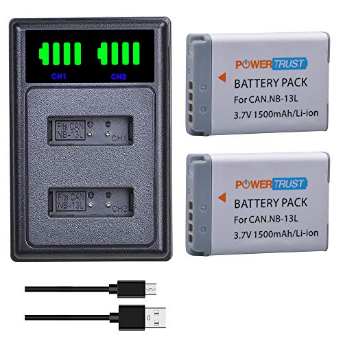 PowerTrust 2Pcs NB-13L Battery with LED Dual Charger for Canon PowerShot G7X Mark III, G5X, G7X, G9X, G7X Mark II, SX620 HS, SX720 HS, SX730 HS, G9X Mark II, G1 X Mark III, SX740 HS, G5 X Mark II