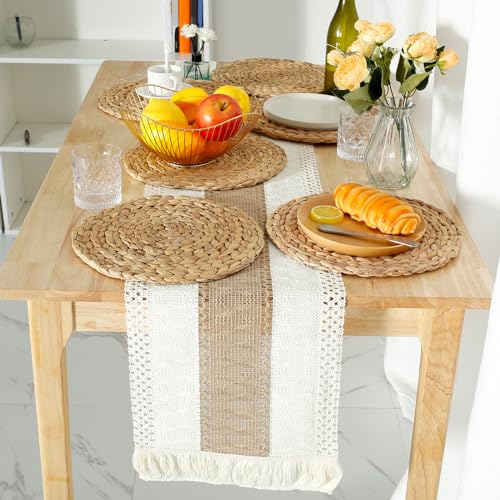 DJAPWPX 7 Pcs Table Runner and Placemats Set 71inch Long Table Runner 11.8inch Woven Placemat Rustic Table Runner with Tassels Water Hyacinth Round Placemat for Dining Table Kitchen