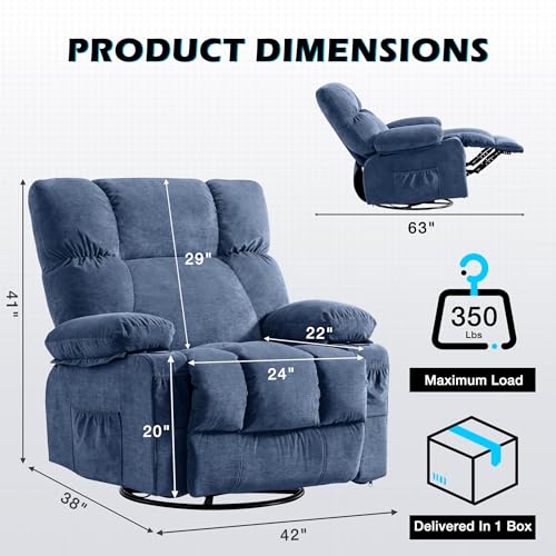 Image of MAHOMICO Recliner Chair Oversized Swivel Rocker with Vibration Massage & Lumbar Heating, 360 Swivel, USB Charging Port, Cup Holders & Side Pocket for Living Room