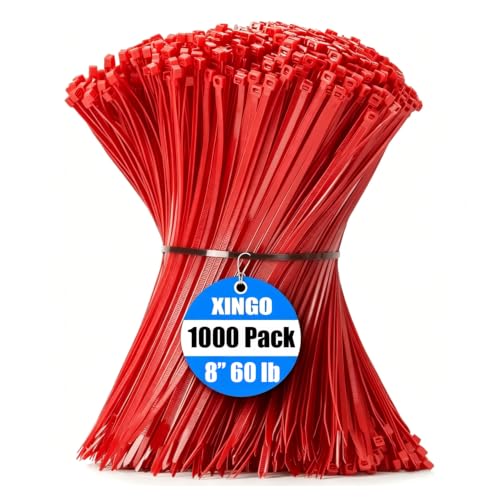 Image of XINGO 1000 PCS Red Zip Ties 8 Inch, 60 LBS Tensile Strength, Self-Locking Nylon Plastic Nylon PA66 Wire Ties for Indoor and Outdoor Use