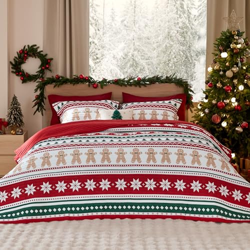 Bedsure Christmas Quilt Queen Size - Red Quilt for Queen Size Bed, Gingerbread Man Striped Printed Pattern Christmas Bedding - Soft Microfiber Lightweight Coverlet Bedspread (90"x96")