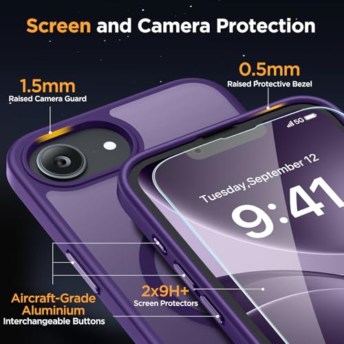 Image of Miracase for iPhone 16e case & iPhone 17e Case for MagSafe [with 2x9H+ Screen Protectors] TOP Military-Grade Protection Shockproof with Velvet Touch for iPhone 16e /17e Phone Case 6.1 inch, Dark Purple