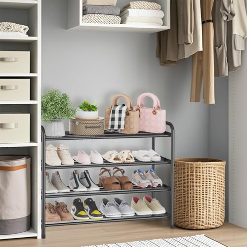 Image of KANAV 4-Tier Expandable Shoe Rack - Adjustable Shoe Organizer & Shoe Storage for Closet, Entryway, and Front Door - Space-Saving Shoe Shelf and Rack Organizer for Home - Black