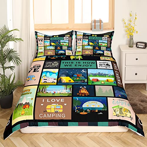 Happy Camping Campers Duvet Cover Set Full,Geometric Lattice Bedding Set 3Pcs For Kids Teens Adult Room Decor,Enjoy Outdoor Activities Comforter Cover Rustic Quilt Cover With 2 Pillowcases #TOP1