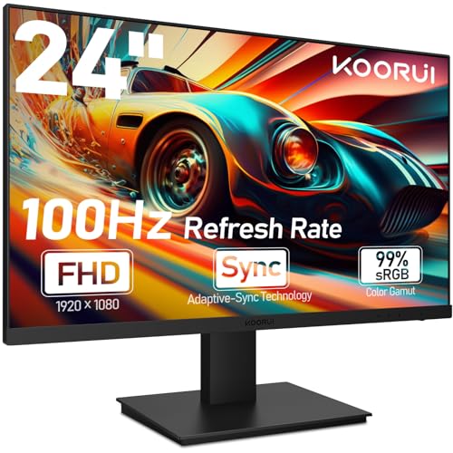 KOORUI 24 inch Computer Gaming Monitor Full HD 1920x1080p, 100Hz, Built-in Speakers, Adaptive Sync Compatible, Ultra-Slim Bezels, 75mm VESA Mountable, Tilt Adjustable, HDMI/VGA Ports, Black