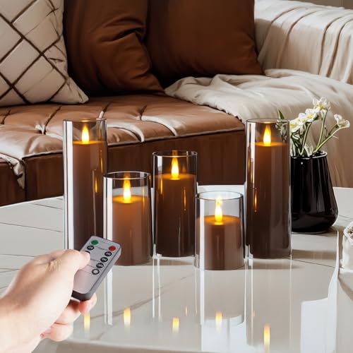 Image of Homemory Realistic Flickering Flameless Candles, Battery Operated Candles, LED Fake Electric Candle with Remote Control and Timer for Home, Christmas Decoration, Grey, Set of 5