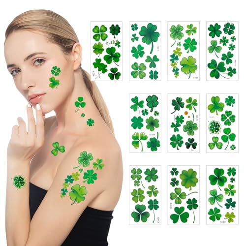 Hamiutci St. Patrick's Day Shamrock Temporary Tattoos & Face Stickers, Waterproof Saint Patrick's Day Clover Tattoos Art Make up Deco Irish Party Favors