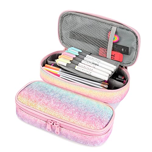 Mibasies Girls Pencil Case For Kids, Pencil Pouch Boys Soft Rainbow Pen Box (Pink Blue Rainbow) #TOP6