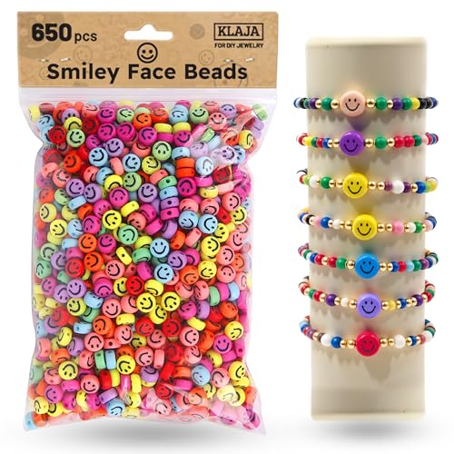 650 Pcs of Smiley Face Beads 7x4 mm Big Pack | Mixed Colorful Beads Happy Face Beads for DIY Jewelry Bracelet Earring Necklace Craft Making Supplies