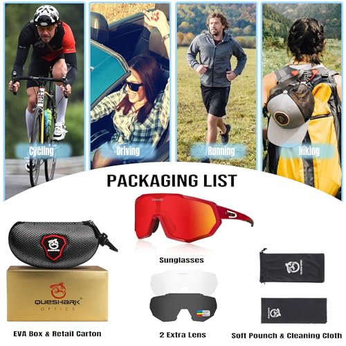 Image of Queshark Cycling Glasses, Sports Sunglasses for Men Women, 1 Polarized 2 HD Lens, Polarized Sunglasses for Cycling Running