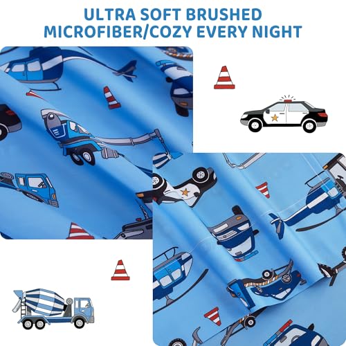 Image of Viviland 3 Pieces Boys Police Car Twin Sheet Set - Soft Microfiber Fitted Flat Sheets & Pillowcase Bed Sheet Set - Blue Airplane Print Bedding Sets for Kids