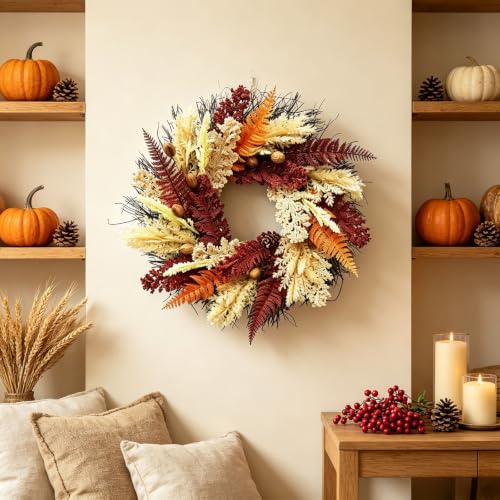 20in Fall Wreath, Artificial Fern Grain Nut Harvest Wreath for Front Door - image 5