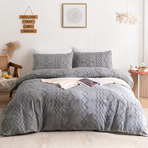 Image of WARMDERN Boho Duvet Cover Set 3 Piece Grey Full Duvet Cover Set Washed Microfiber Tufted Bedding Set with Zipper Closure Stripes Duvet Cover and 2 Pillowcases(Full,Grey)