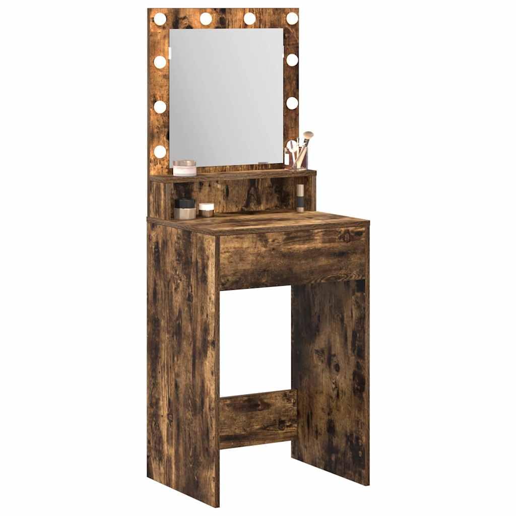Tavolo da trucco rovere fumé 50 x 41 x 135 cm in legno ingegnerizzato con luci LED USB specchio piano e ripiani per cosmetici, mobiletto salvaspazio per camera da letto e spogliatoio donna